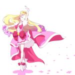  1girl absurdres blonde_hair boots bow closed_eyes commentary_request cure_flora dancing dress earrings gloves go!_princess_precure gradient_hair hair_ornament haruno_haruka high_heel_boots high_heels highres jewelry long_hair magical_girl matatabi_(karukan222) multicolored_hair pink_dress pink_hair precure puffy_short_sleeves puffy_sleeves short_sleeves simple_background solo streaked_hair two-tone_hair white_background 