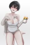  1girl bare_legs bare_shoulders barefoot beer_can black_hair blue_eyes blush breasts camisole can cleavage collarbone crossed_bangs drunk gwan-e hair_between_eyes hand_on_own_chest head_tilt highres large_breasts looking_at_viewer open_clothes open_mouth open_shirt original seiza shirt short_hair short_shorts shorts simple_background sitting sleeves_past_wrists smile solo strap_slip white_background white_camisole white_shirt 