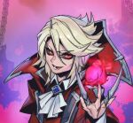  1boy ascot black_sclera blonde_hair blood chain coat colored_sclera hemokinesis korean_commentary league_of_legends looking_at_viewer lower_teeth_only magic male_focus medium_hair open_mouth phantom_ix_row red_coat red_eyes smile solo teeth v-shaped_eyebrows vampire vladimir_(league_of_legends) white_ascot 