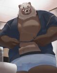  2023 absurd_res anthro brown_body canid canine clothing detailed_background en_1_9 hi_res inside jinbei_(clothing) kemono male mammal musclegut overweight overweight_male raccoon_dog solo tanuki underwear 