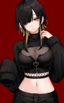  1girl asymmetrical_bangs black_hair black_nails black_shirt black_shorts blonde_hair breasts cleavage closed_mouth crop_top ear_piercing earrings groin hair_over_one_eye hand_up head_tilt highres jewelry kushinaka large_breasts long_hair looking_at_viewer midriff multicolored_hair navel original partially_unzipped piercing red_background shirt shorts shrug_(clothing) sidelocks simple_background sleeves_past_fingers sleeves_past_wrists solo two-tone_hair upper_body yellow_eyes 