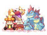  black_eyes blue_skin colored_skin crocalor crocodilian croconaw fangs feraligatr fuecoco highres long_tail no_humans pokemon pokemon_(creature) red_eyes red_skin saki_pokeoekaki skeledirge skin_fangs spines tail totodile yellow_eyes 