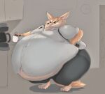  2019 anthro appliance barefoot belly big_belly bottomwear canid canine claws clock clothing coffee_maker coffee_mug disney dress_shirt faudka feet fennec finnick_(zootopia) fox fur kitchen_appliance male mammal morbidly_obese morbidly_obese_anthro morbidly_obese_male mouth_closed obese obese_anthro obese_male overweight overweight_anthro overweight_male pants shirt solo standing toe_claws topwear zootopia 