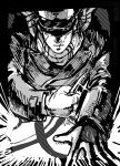  1boy absurdres aoi_(husiginokuninoa) bara coat expressionless foreshortening glint golden_kamuy greyscale hat highres holding holding_knife kepi knife looking_down male_focus military_hat monochrome scar scar_on_face scar_on_mouth scar_on_nose scarf short_hair skinning solo sugimoto_saichi upper_body 