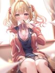  1girl :3 blonde_hair blue_sweater_vest blush breasts cleavage collared_shirt curtains day hair_ornament heterochromia highres holding holding_pen hoshikawa_sara indoors jacket long_hair looking_at_viewer meme_(mm_ta_mm) nijisanji open_clothes open_jacket partially_unbuttoned pen pink_jacket pink_shirt plaid plaid_skirt pleated_skirt red_eyes school_uniform shirt sitting skirt solo sweater_vest twintails virtual_youtuber window x_hair_ornament yellow_eyes 