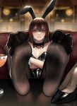  1girl absurdres animal_ears bare_shoulders black_bow black_bowtie black_bra black_footwear black_pantyhose blurry blurry_background bow bowtie bra breasts brown_hair cocktail_glass commentary commission crossed_arms cup depth_of_field drinking_glass english_commentary eyelashes fake_animal_ears feet feet_on_table feet_up fine_fabric_emphasis foot_focus foreshortening grey_eyes hair_between_eyes high_heels highres indoors long_hair looking_at_viewer medium_breasts multicolored_hair nikishiko no_shoes nontraditional_playboy_bunny original pantyhose pixiv_commission rabbit_ears red_hair reflection see-through see-through_legwear shoes shoes_removed sidelocks sitting soles solo spread_toes streaked_hair toes underwear 