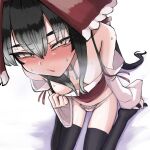  1girl black_hair black_thighhighs blush bow breasts camisole commentary_request cookie_(touhou) detached_sleeves downblouse from_above full_body hair_between_eyes hair_bow hakurei_reimu highres long_bangs long_hair no_pants nose_blush open_mouth panties pyukasshori red_bow red_camisole sitting small_breasts solo sweat thighhighs touhou underwear very_long_hair wariza white_panties white_sleeves yellow_eyes yuyusu_(cookie) 