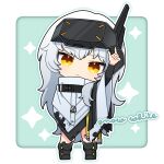  1girl :&lt; absurdres adjusting_clothes adjusting_headwear arm_up armored_boots boots character_name chibi cloak dog_tags full_body goddess_of_victory:_nikke headgear highres long_hair natori_nato snow_white_(nikke) solo standing very_long_hair visor_(armor) visor_lift white_cloak white_hair yellow_eyes 