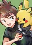  1boy backpack bag black_eyes black_shirt bright_pupils brown_hair doradorakingyo green_background grey_bag holding holding_poke_ball male_focus on_shoulder open_mouth pikachu poke_ball pokemon pokemon_(creature) pokemon_lgpe pokemon_on_shoulder shirt short_hair teeth trace_(pokemon) upper_teeth_only white_pupils 