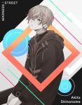  1boy character_name closed_mouth commentary earrings highres hood hood_down hooded_jacket jacket jewelry long_sleeves looking_up male_focus multicolored_hair project_sekai shinonome_akito short_hair solo streaked_hair two-tone_hair yk62 