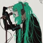  1girl blue_eyes collared_shirt detached_sleeves from_side green_hair haikokyuu hatsune_miku headphones highres long_hair long_sleeves microphone microphone_stand necktie pale_skin profile shirt solo striped_necktie twintails upper_body very_long_hair vocaloid 