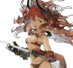  1girl bare_shoulders black_horns blue_eyes breasts copyright_request dragon_horns gauntlets hakusaku highres horns long_hair looking_to_the_side midriff open_mouth original red_hair short_sword simple_background small_breasts smile solo sword teeth upper_teeth_only wavy_hair weapon white_background 