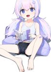  1girl bandaid bandaid_on_knee bandaid_on_leg bare_legs barefoot black_shorts blue_archive blue_hair book commentary_request covered_nipples flat_chest full_body hair_bobbles hair_ornament highres holding holding_book long_hair open_mouth panties panty_peek petite pillow purple_eyes purple_hair purple_panties reisa_(blue_archive) short_shorts shorts signalviolet sitting solo spread_legs star_(symbol) star_hair_ornament tank_top toenails toes twintails underwear white_tank_top 