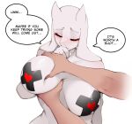  anthro big_breasts blush boss_monster bovid breast_grab breasts caprine female fur hand_on_breast hi_res horn luxurias mammal mature_anthro mature_female simple_background text toriel undertale undertale_(series) white_background white_body white_fur 