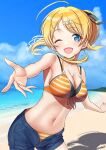  1girl absurdres ahoge beach bikini bikini_under_clothes blonde_hair blue_eyes breasts cleavage cowboy_shot hachimiya_meguru highres idolmaster idolmaster_shiny_colors large_breasts layered_bikini leaning_forward linea_alba looking_at_viewer midriff navel one_eye_closed open_fly open_mouth osoba_susurukun outdoors ponytail reaching reaching_towards_viewer shell_hair_ornament short_shorts shorts sidelocks smile solo striped striped_bikini swept_bangs swimsuit 