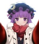 1girl black_headwear coat crescent crescent_hat_ornament hat_ornament hug looking_at_viewer lw_og3 mittens patchouli_knowledge pov purple_eyes purple_hair red_mittens red_scarf scarf smile solo touhou white_background white_coat winter_clothes winter_coat 