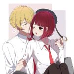  1boy 1girl arima_kana beret blonde_hair blush bob_cut closed_eyes hat highres hoshino_aquamarine inverted_bob kiss looking_at_another necktie one_eye_closed oshi_no_ko red_eyes red_hair red_necktie risdelusions shirt short_hair simple_background sitting 