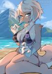  anthro beach big_breasts bikini blonde_hair blue_eyes breasts canid canine canis cleavage clothed clothing coffeechicken domestic_dog female floppy_ears fur hair hi_res kneeling mammal outside popsicle_in_mouth seaside sky solo swimwear tan_body tan_fur vao_(coffeechicken) wet 