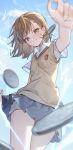  1girl absurdres black_skirt brown_eyes brown_hair brown_vest coin collared_shirt cowboy_shot grin highres misaka_mikoto ningen_mame pleated_skirt school_uniform shirt short_hair skirt smile solo toaru_kagaku_no_railgun toaru_majutsu_no_index tokiwadai_school_uniform vest white_shirt 