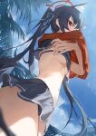  1girl absurdres animal_ear_fluff animal_ears bikini bikini_skirt black_hair blue_archive blurry blurry_foreground blush breasts cat_ears cloud cowboy_shot extra_ears frilled_bikini frills from_behind hair_ribbon halo highres long_hair looking_at_viewer looking_down navel palm_tree red_shirt ribbon sb_lama serika_(blue_archive) serika_(swimsuit)_(blue_archive) shirt sidelocks small_breasts solo standing swimsuit tree twintails undressing v-shaped_eyebrows 