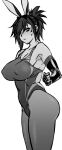  1girl animal_ears ass blush breasts chokukame cleavage covered_navel covered_nipples elbow_gloves gloves greyscale hair_over_one_eye large_breasts looking_at_viewer monochrome one-piece_swimsuit original ponytail rabbit_ears simple_background solo swimsuit white_background 