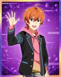  1boy ahoge aoi_yusuke belt fingernails hair_between_eyes hand_on_hip hood hoodie idolmaster idolmaster_side-m idolmaster_side-m_growing_stars long_sleeves looking_at_viewer male_focus official_art open_clothes open_shirt orange_eyes orange_hair palms pink_hoodie shirt_tucked_in solo teeth upper_teeth_only waving 