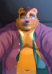  2023 anthro bear belly black_nose blush clothed clothing eyewear glasses hi_res kemono male mammal moobs navel necktie o_hashi2020 open_clothing open_shirt open_topwear overweight overweight_male shirt solo tongue tongue_out topwear 
