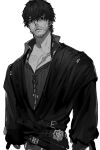  1boy barnabas_tharmr beard_stubble belt closed_mouth collarbone empty_eyes facial_hair final_fantasy final_fantasy_xvi greyscale highres long_sleeves male_focus monochrome multiple_belts ogata_tomio scar scar_on_chest shirt short_hair simple_background solo stubble 