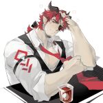  1boy absurdres arknights demon_horns drunk highres hoederer_(arknights) horns long_hair looking_at_viewer male_focus red_eyes red_hair shirt yaoyaore 