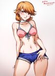  1girl artist_name bikini blush brown_eyes choker collarbone contrapposto dated denim denim_shorts earrings jewelry light_brown_hair mina_cream persona persona_3 pink_bikini shorts signature smile stud_earrings swimsuit takeba_yukari white_choker 