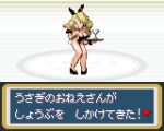  animal_ears beauty_(pokemon) black_footwear black_wrist_cuffs blonde_hair blowing_kiss bunny_day cocktail_glass commentary_request cup dialogue_box drinking_glass earrings eyeshadow high_heels holding holding_tray jewelry makeup pixel_art playboy_bunny pokemon pokemon_(game) pokemon_frlg pokemon_frlg_(style) purple_eyeshadow rabbit_ears rabbit_tail red_lips saiwai_hiroshi simple_background tail translation_request tray 