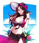  1girl bikini black_choker black_hair blue_sky brown_eyes brown_hair choker cloud collar commentary dorothea_arnault dorothea_arnault_(summer) fire_emblem fire_emblem:_three_houses fire_emblem_heroes flower hat holding holding_clothes holding_hat long_hair navel ocean official_alternate_costume sarong silvercandy_gum sky smile solo sun_hat swimsuit wrist_straps 