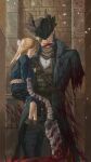  1boy 1girl amputee belt biting blonde_hair blood blood_on_clothes blood_on_face blood_splatter blood_vial bloodborne blue_coat bow carrying carrying_person coat hair_bow hat hat_over_eyes high_collar highres hunter_(bloodborne) long_coat long_hair missing_limb multiple_belts pants saw_cleaver scarf severed_arm severed_limb shirt standing strap tricorne vial weapon white_shirt yujia0412 