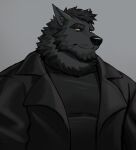  adios anthro black_body black_clothing black_fur black_jacket black_sweater black_topwear canid canine capcom chris_redfield_(resident_evil) clothing fur hi_res jacket male mammal muscular muscular_male resident_evil solo sweater topwear were werecanid werecanine werewolf yellow_eyes 