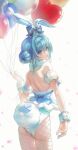  1girl animal_ears ass balloon bare_shoulders bicute_bunnies_miku blue_bow blue_eyes blue_hair bow breasts character_name commentary cowboy_shot double_bun ear_bow fake_animal_ears fake_tail fishnet_pantyhose fishnets from_behind grey_background hair_bun hatsune_miku heart_balloon highres holding holding_balloon leotard looking_at_viewer looking_back medium_breasts pantyhose parted_lips petals playboy_bunny rabbit_ears rabbit_tail sidelocks simple_background solo standing symbol-only_commentary tail tied_ears vocaloid white_leotard wrist_cuffs yon_(tellmedoor) 