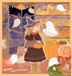  animal artist_name black_dress black_headwear bow brown_hair candy cat clothed_animal dress food ghost halloween happy_halloween hat indoors jack-o&#039;-lantern lollipop long_hair night oniheya_53 open_mouth pumpkin red_bow swirl_lollipop witch_hat 