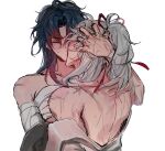  2boys bandaged_chest black_hair blade_(honkai:_star_rail) blush closed_eyes facing_another grey_hair half_updo highres honkai:_star_rail honkai_(series) jing_yuan kiss multiple_boys ponytail primnolegal red_hair sketch topless_male white_background yaoi 