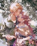  1boy 1girl basket blonde_hair blue_eyes brown_hair character_request closed_eyes earrings flower green_shirt highres holding holding_basket holding_hands jewelry link long_hair malon medium_hair outdoors pink_flower pointy_ears rain_rkgk shirt the_legend_of_zelda tree upper_body yellow_flower 