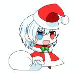  1girl absurdres bag chibi christmas dress hat heterochromia highres holding holding_bag law_of_creation meme padoru_(meme) red_dress santa_costume self-upload white_hair 