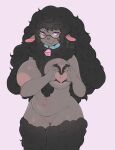  anthro areola bell bell_collar big_breasts black_hair bovid breasts caprine collar cowbell eyewear female fur genitals gesture glasses grey_body grey_fur hair half-moon_glasses hand_heart hi_res mammal nipples nude purple_eyes pussy sheep slightly_chubby smile solo standing vonnir wool_(fur) 