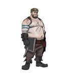  1boy absurdres arm_tattoo bandages bara beard belly belt belt_pouch blacksmith blonde_hair brown_pants chest_harness facial_hair felix_(luna_sanctus) full_body goggles goggles_on_head green_eyes harness highres luna_sanctus male_focus mustache navel nipples pants pectorals philipposole plump pouch scar scar_on_arm scar_on_chest short_hair solo tattoo thick_eyebrows topless_male work_boots work_gloves 