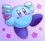  alternate_color blue_skin blush_stickers colored_skin creature food holding holding_food kirby kirby_(series) looking_at_viewer macaron no_humans polka_dot polka_dot_background purple_eyes slys_(jesterdysphoria) smile solid_oval_eyes solo star_(symbol) 