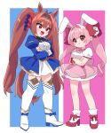  2girls animal_ears blush bow breasts brown_hair closed_mouth crossed_arms crossover daiwa_scarlet_(umamusume) di_gi_charat dice_hair_ornament dress hair_between_eyes hair_bow hair_intakes hair_ornament hair_ribbon highres horse_ears horse_girl horse_tail juliet_sleeves long_hair long_sleeves medium_breasts multiple_girls open_mouth pink_hair puffy_sleeves rabbit_ears red_bow red_eyes ribbon saito_katuo shoes short_sleeves simple_background socks tail thighhighs tiara twintails umamusume usada_hikaru white_socks white_thighhighs 