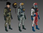  1980s_(style) 3boys black_hair boots character_name choujikuu_yousai_macross cold_war comparison concept_art derivative_work dsunoo english_commentary english_text gloves headwear_removed helmet helmet_removed highres ichijou_hikaru macross multiple_boys oxygen_mask pilot_suit real_life retro_artstyle rick_hunter robotech science_fiction signature sketch spacesuit u.n._spacy vest western_comics_(style) 