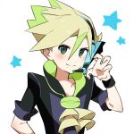  1boy black_shirt black_wristband blonde_hair blush claw_pose closed_mouth collarbone commentary_request curtis_(pokemon) green_eyes green_hair hair_between_eyes hand_up headset highres looking_at_viewer male_focus microphone mole mole_under_mouth multicolored_hair poke_ball_print pokemon pokemon_(game) pokemon_bw2 shibori_(shibootachi) shirt short_sleeves smile solo spiked_hair star_(symbol) two-tone_hair upper_body white_background yellow_jabot 
