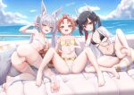  3girls absurdres animal_ear_fluff animal_ears asanagi_(azur_lane) asanagi_(lulled_by_rough_seas)_(azur_lane) ass azur_lane barefoot bikini black_bikini black_hair blue_sky breasts cloud cloudy_sky colored_inner_hair couch fangs flat_chest fox_ears fox_girl fox_tail grin hair_ribbon hatsuzuki_(august&#039;s_first_romance)_(azur_lane) hatsuzuki_(azur_lane) highres hikimayu horns jacket long_hair looking_at_viewer multicolored_hair multiple_girls natori_(azur_lane) natori_(beach_paradise)_(azur_lane) navel official_alternate_costume ok_sign on_couch open_mouth outdoors pillow pointing pointing_at_self pointy_ears qian_hen red_eyes red_hair ribbon sky small_breasts smile spread_legs stirrup_legwear stomach swimsuit tail toeless_legwear toes twintails v water white_bikini white_hair white_jacket white_ribbon yellow_eyes 