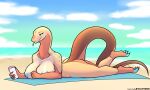  absurd_res anthro beach beach_towel big_breasts blue_nipples blue_tongue breasts claws day female forked_tongue hi_res leviathinh long_neck lying nipples non-mammal_breasts non-mammal_nipples nude on_front reptile sand scalie sea seaside sky snake solo tail tongue tongue_out towel water 