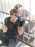  2boys bara black_gloves black_hair black_pants black_shirt brown_hair brown_pants bulletproof_vest chris_redfield closed_eyes facial_hair fingerless_gloves gloves large_pectorals leon_s._kennedy male_focus multiple_boys muscular muscular_male pants pectorals prison prison_cell resident_evil resident_evil_6 shirt short_hair sitting smile stubble tatsumi_(psmhbpiuczn) yaoi 