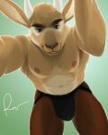  2021 anthro bulge clothed clothing genital_outline green_eyes hare hi_res horn hybrid jockstrap lagomorph leporid long_ears looking_at_viewer male mammal navel nipples penis_outline rov satyr solo topless underwear 