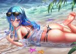  1girl alternate_costume ass barefoot beach bikini black_bikini blue_eyes blue_hair blush breasts closed_mouth day earrings eyelashes eyewear_on_head feet foot_out_of_frame foot_up from_side hair_between_eyes hand_up head_rest highres hololive hoshimachi_suisei jagoo jewelry long_hair looking_at_viewer lying ocean off_shoulder on_stomach outdoors sand see-through see-through_shirt shiny_skin shirt sidelocks small_breasts smile soles solo star_(symbol) star_in_eye starfish sunglasses swimsuit symbol_in_eye thighs toes virtual_youtuber water wet wet_clothes wet_shirt 